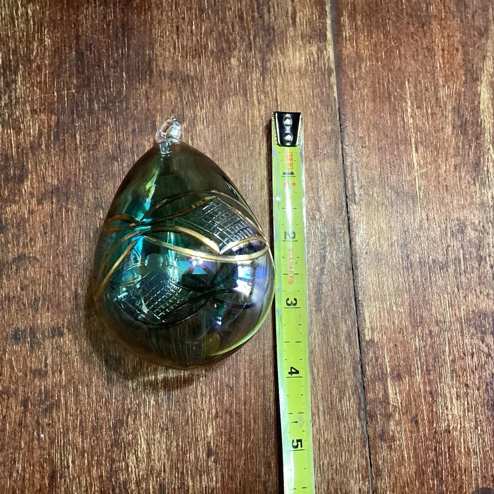 Christmas Ornament Hand Blown Glass Egg Shape Raised‎ Gold Designs Green Tint